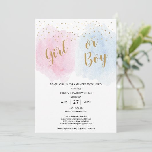 Jongen Meisje Baby Geslacht Onthullen Uitnodiging (Staand voorkant)