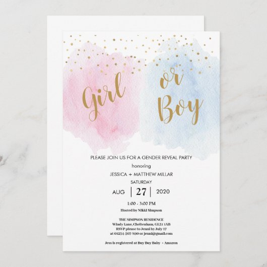 Jongen Meisje Baby Geslacht Onthullen Uitnodiging (Voorkant / Achterkant)