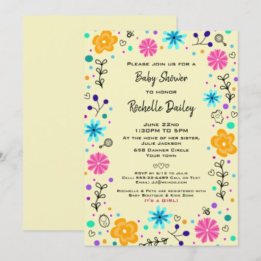 Jongen Meisje Bloem Geel Cute Baby Shower Uitnodig Kaart (Voorkant / Achterkant)