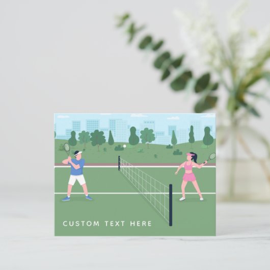 Jongen meisje die Tennis-groen illustratie en teks Briefkaart (Staand voorkant)