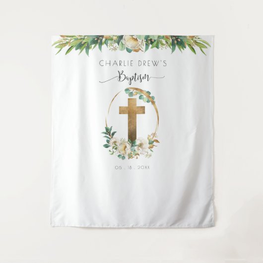 Jongen / Meisje Doop Elegante Groene Foto Achtergr Wandkleed (Voorkant)