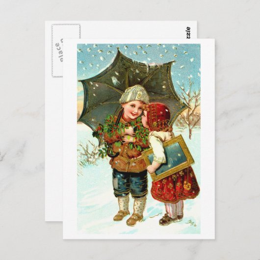 Jongen, meisje en paraplu briefkaart (Voorkant / Achterkant)