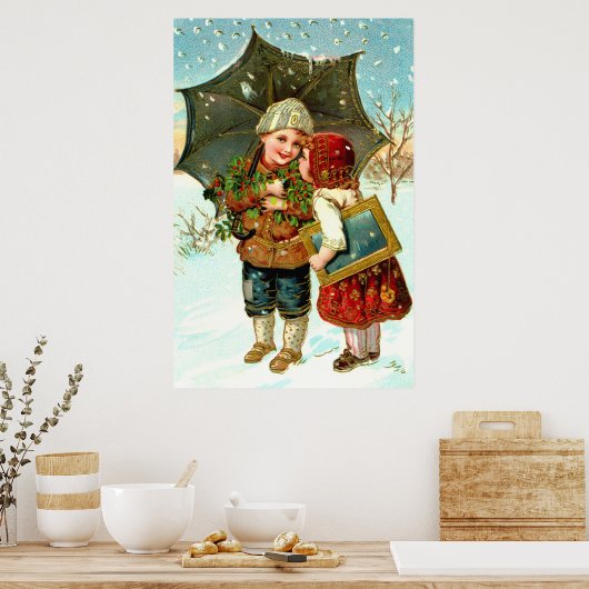 Jongen, meisje en paraplu poster (Keuken)