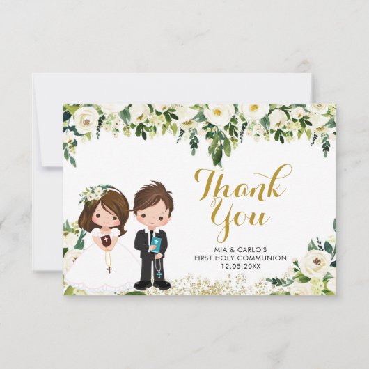 Jongen Meisje Floral Eerste Communie Dank je wel Bedankkaart (Voorkant)