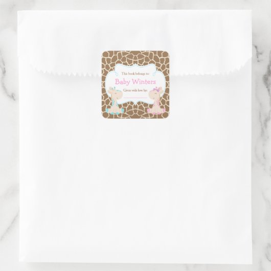 Jongen & Meisje Giraffe Roze & Blauwe Shower Boekp Vierkante Sticker (Tas)