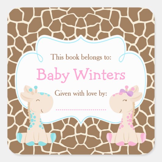 Jongen & Meisje Giraffe Roze & Blauwe Shower Boekp Vierkante Sticker (Voorkant)