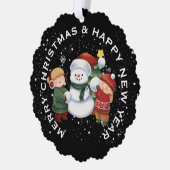 JONGEN & MEISJE met SNEEUWPOP, GEPERSONALISEERDE K Ornament Kaart (Links)