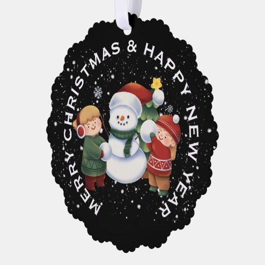 JONGEN & MEISJE met SNEEUWPOP, GEPERSONALISEERDE K Ornament Kaart (Links)
