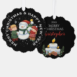 JONGEN & MEISJE met SNEEUWPOP, GEPERSONALISEERDE K Ornament Kaart