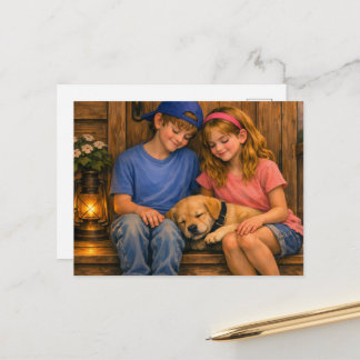 Jongen, Meisje & Puppy — Veterinaire Kliniek Ansic Briefkaart