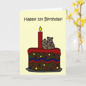 Jongen-meisje tweeling beren op taart 1e verjaarda kaart (Gele Bloem)