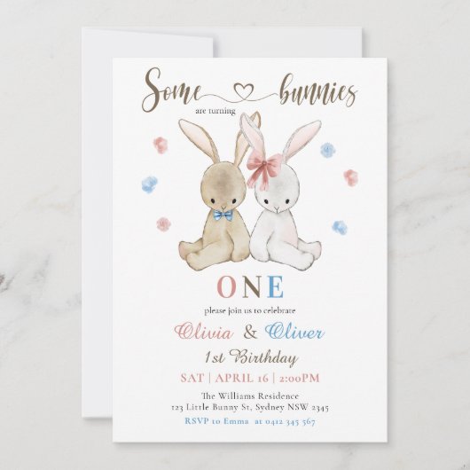 Jongen Meisje Tweeling Enkele konijnen 1e verjaard Kaart (Voorkant)