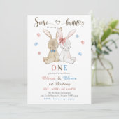 Jongen Meisje Tweeling Enkele konijnen 1e verjaard Kaart (Staand voorkant)