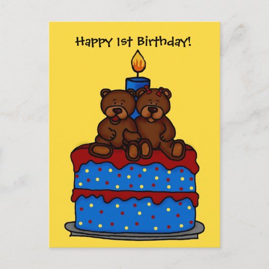 Jongen-meisje tweeling op 1e verjaardag taart brie briefkaart (Voorkant)