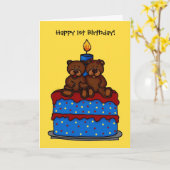 Jongen-meisje tweeling op 1e verjaardag taart kaar kaart (Gele Bloem)