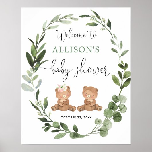 Jongen meisje tweet teddybeer baby shower-welkomst poster (Voorkant)