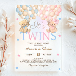Jongen Meisje Twins Beer Met Ballonnen Baby shower Acryl Uitnodigingen