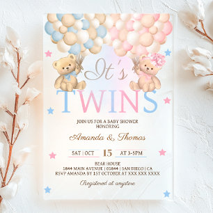 Jongen Meisje Twins Beer Met Ballonnen Baby shower Acryl Uitnodigingen