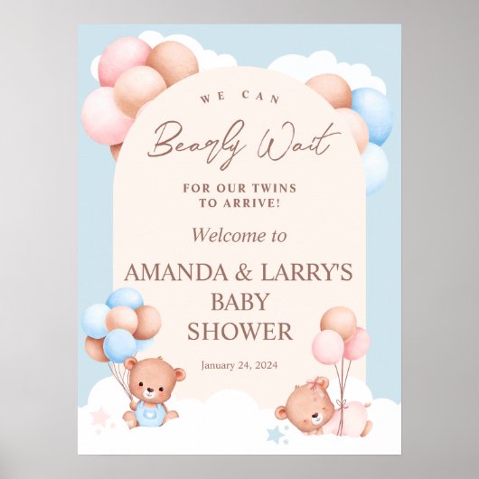 Jongen Meisje Twins Teddy Bear Baby shower Welkom Poster (Voorkant)