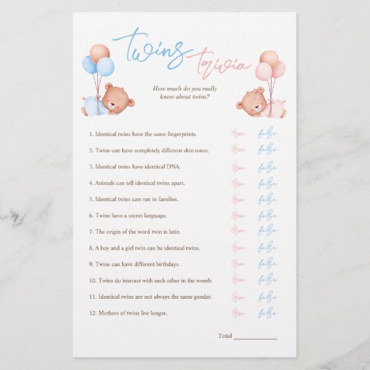 Jongen Meisje Twins Trivia Baby shower Spel Flyer (Voorkant)