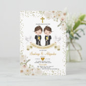 Jongen Meisje Witte Bloem 1e Heilige Communie Goud Kaart (Staand voorkant)