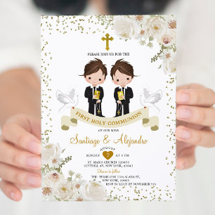 Jongen Meisje Witte Bloem 1e Heilige Communie Goud Kaart