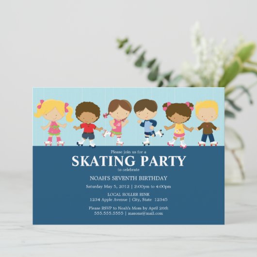 Jongen/MeisjesSkaters | Uitnodiging om een blauwe  (Staand voorkant)