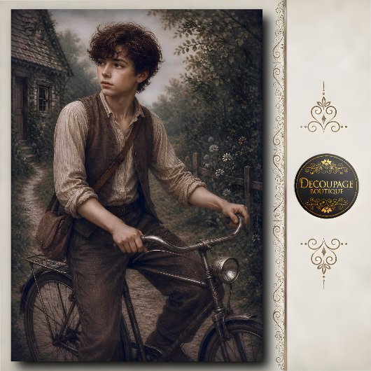 Jongen met antieke fiets decoupage tissuepapier