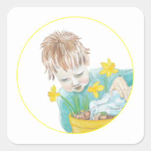 Jongen met Daffodils Vierkante Sticker