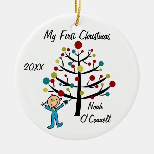 Jongen met de eerste kerst Gepersonaliseerd Orname Keramisch Ornament (Voorkant)