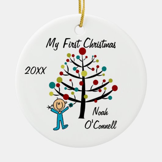 Jongen met de eerste kerst Gepersonaliseerd Orname Keramisch Ornament (Voorkant)