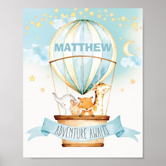 Jongen met de naam Hot Air Balloon Oerwoud Animals Poster (Voorkant)