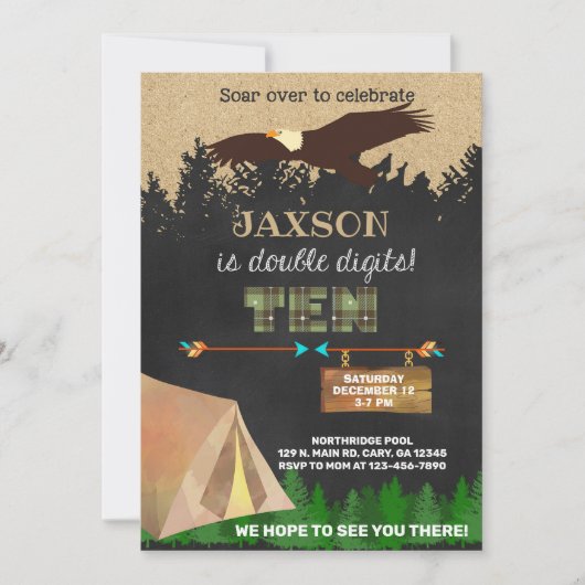 Jongen met dubbele cijfers 10e bday camping eagle  kaart (Voorkant)