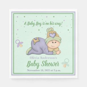 Jongen met één baby - Groen en Paars Baby shower Servet