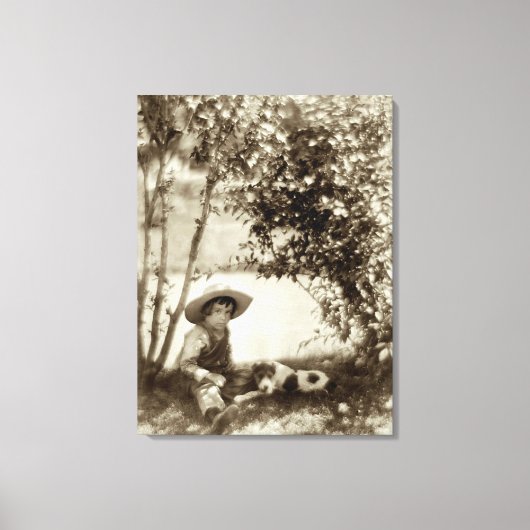 jongen met een hond op het rustcanvas afdrukken (Voorkant)