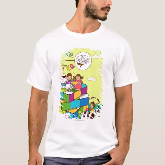 Jongen met een meisje dat op een Rubiks kubus zit T-shirt (Voorkant)