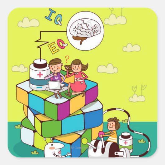 Jongen met een meisje dat op een Rubiks kubus zit. Vierkante Sticker (Voorkant)