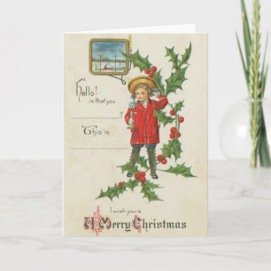 Jongen met een telefoonkerstkaart feestdagen kaart