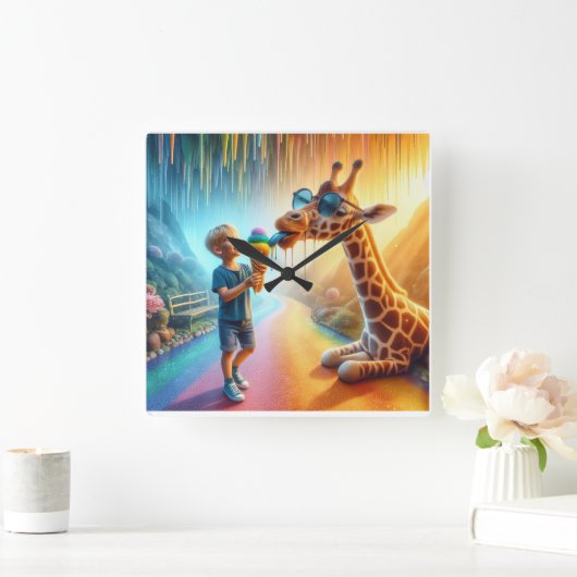 Jongen met Giraffe Vierkante Klok (Huis)