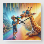 Jongen met Giraffe Vierkante Klok (Voorkant)