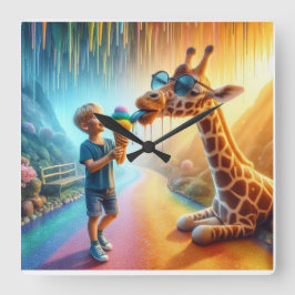 Jongen met Giraffe Vierkante Klok