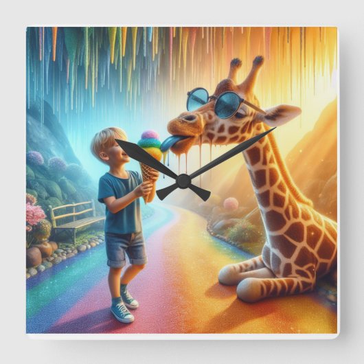 Jongen met Giraffe Vierkante Klok (Voorkant)