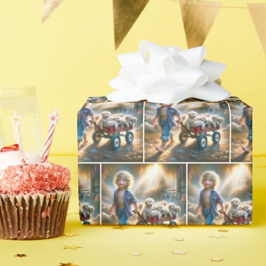 Jongen met Golden Retriever Puppies in wagen Cadeaupapier (Verjaardagsfeest)