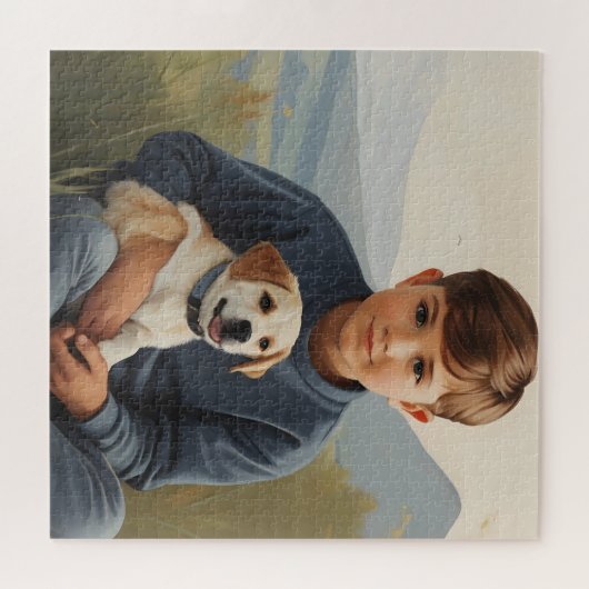 Jongen met hondenkunst legpuzzel (Horizontaal)