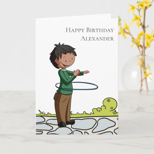 Jongen met Hula Hoop Gepersonaliseerde Happy Birth Kaart (Gele Bloem)
