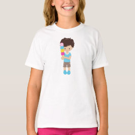 Jongen met ijskap, bruin haar, ijskap t-shirt