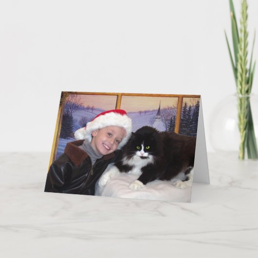 Jongen met kat bij Kerstmis Feestdagen Kaart (Voorkant)
