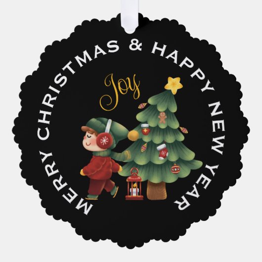Jongen met kerstboom, PERSOONLIJK  Ornament Kaart (Voorkant)