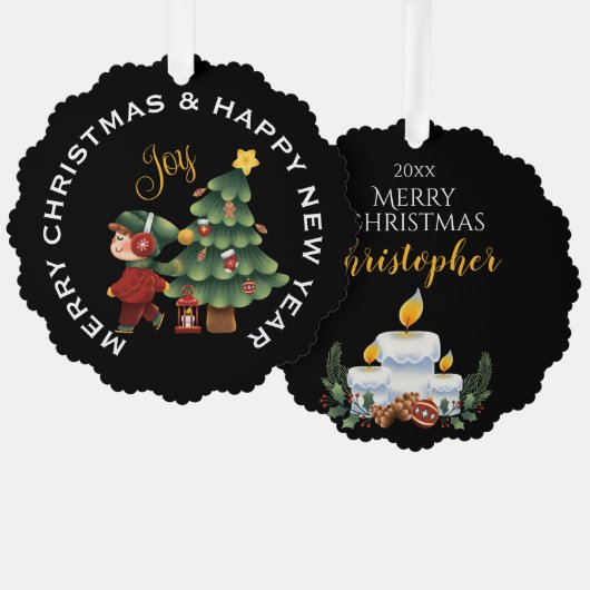 Jongen met kerstboom, PERSOONLIJK  Ornament Kaart (Voorkant / Achterkant)