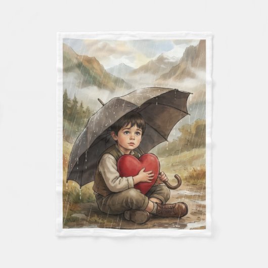 Jongen met paraplu en rode hart knuffel fleece dek deken (Voorkant)